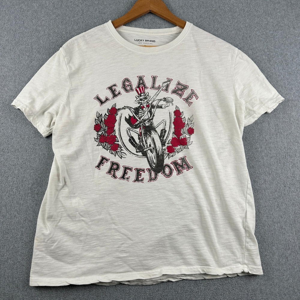 Lucky Brand T-Shirt Mens XL Legalize Freedom Biker Skeleton White Graphic Slub